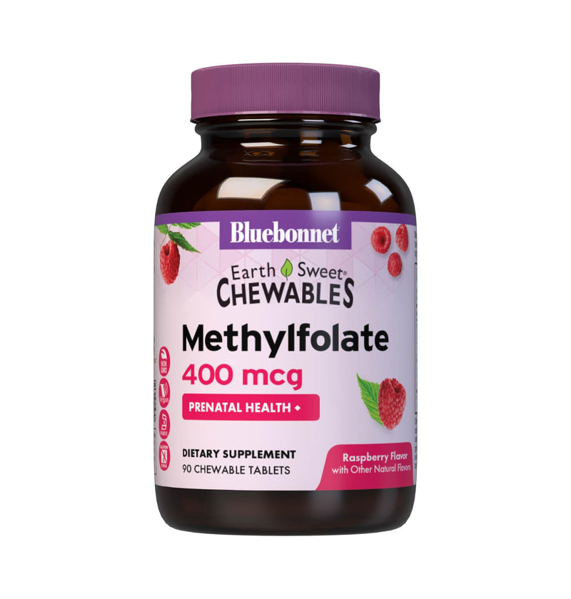 Bluebonnet EarthSweet Methylfolate 400 mcg Cellular Active Coenzyme 5-MTHF L Methyl Folate Supplement - Prenatal & Energy Support* - Non-GMO, Vegan, Gluten-Free - Raspberry - 90 Chewable Tablets | Prenatal & Postnatal Health; Non-GMO, Vegan, Gluten-Fre...