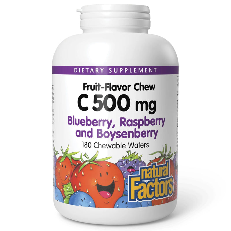 Natural Factors Kids Chewable Vitamin C 500 mg, Supports Immune Health, Bones, Teeth and Gums, Blueberry, Raspberry and Boysenberry, 180 Wafers 180 Count (Pack of 1)