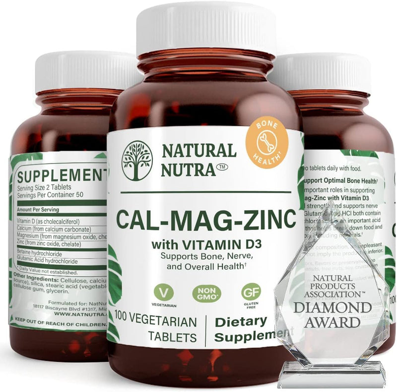 Natural Nutra Calcium Magnesium Zinc (Cal-Mag Zinc) with Vitamin D3,100 | Bone, Teeth, Muscle & Nerve Support, Gluten Free, Sugar Free 100 Count (Pack of 1)