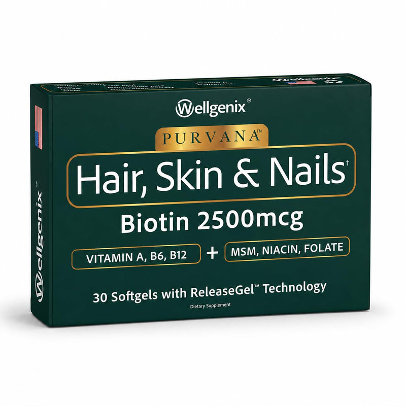 Wellgenix Purvana Hair Skin and Nails Supplement – 2500mcg Biotin Softgels with MSM & B-Complex – Daily Beauty Support for Stronger Nails & Hair Vitality – 30 Softgels | MSM, alpha lipoic acid & grape seed softgels for thicker-looking hair, stronger-lo...