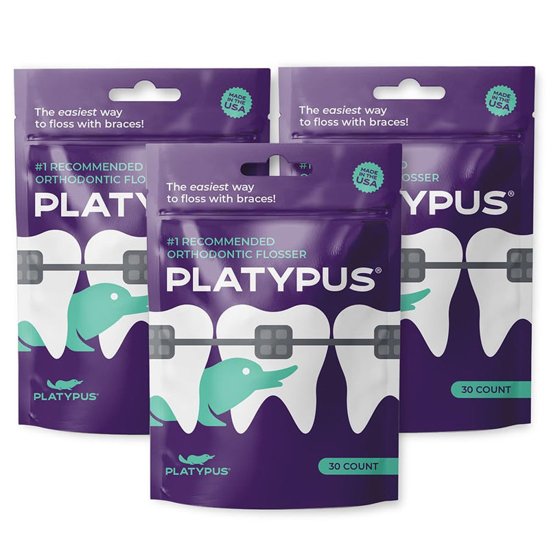 Platypus Orthodontic Flossers for Braces, 30 Count (Pack of 3), Ortho Picks for Adults & Kids, Fits Under Arch Wire, Non-Damaging, Encourage Flossing Habits Unflavored 30 Count (Pack of 3) - BeesActive Australia