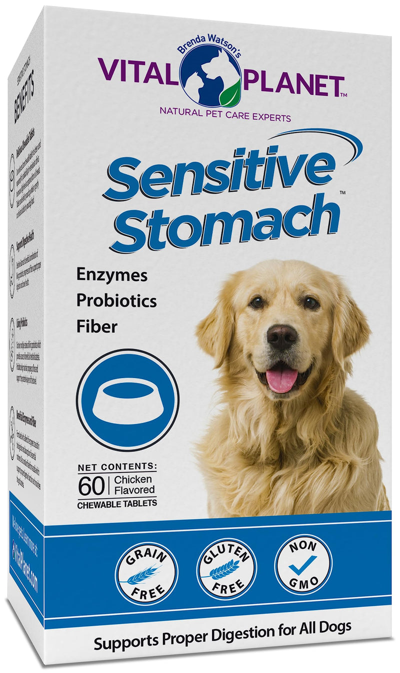 Vital Planet - Sensitive Stomach for Dogs with Enzymes, Probiotics and Fiber, Natural Digestive Support for Upset Stomach with Fennel, and Peppermint, 60 Chicken Flavored Chewable Tablets - PawsPlanet Australia