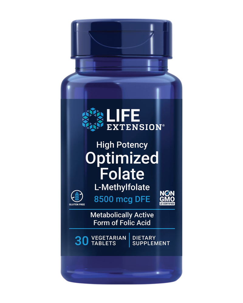 Life Extension High Potency Optimized Folate – L-methylfolate – Folic Acid, 8500 mcg DFE – Heart & Brain Support, Healthy Homocysteine Levels – Gluten-Free, Non-GMO, Vegetarian – 30 Tablets | L-Methylfolate & Folic Acid for Heart & Brain Support, Healt...