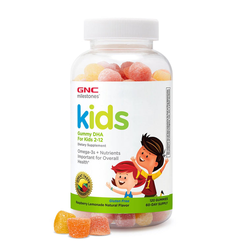 GNC Milestones Kids DHA Gummies, Omega-3s, Raspberry Lemon, 120 Gummies | Provides Omega-3s to Support Brain and Vision Health, Includes Vitamin D-3 for Strong Bones and Teeth, Gluten-Free