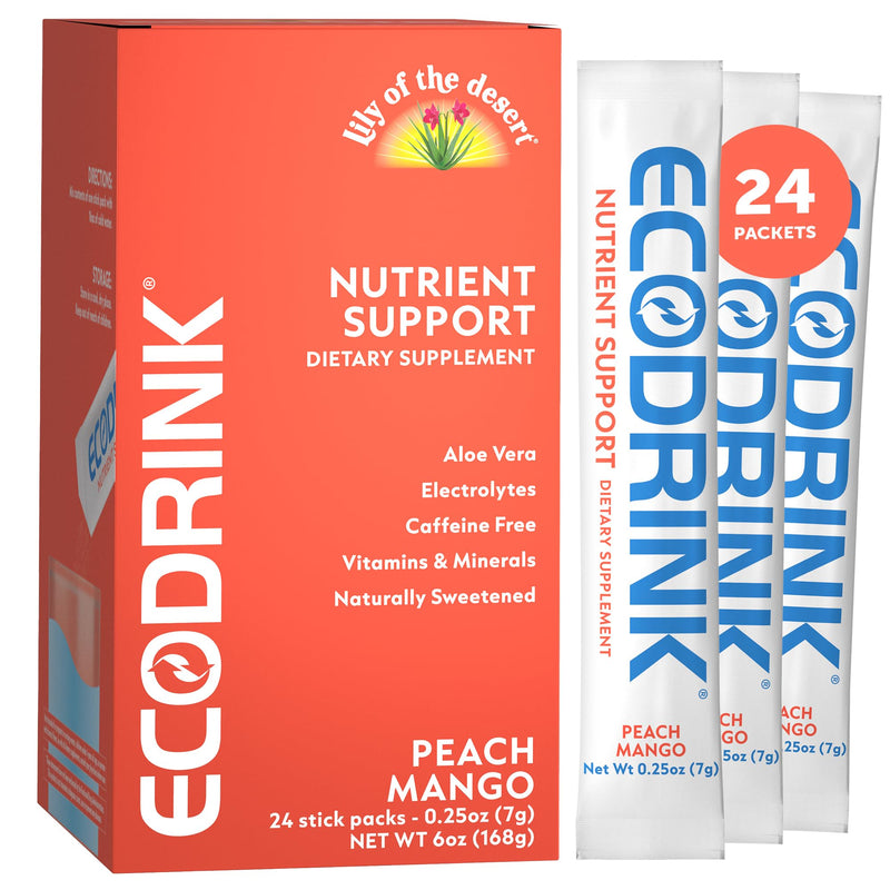 Lily of the Desert EcoDrink Nutrient Support Hydration Packets, Peach Mango – Naturally Sweetened Multivitamin Electrolyte Mix with Aloe, 24 Stick Packs/Box, 0.25 Oz Ea 24 Count (6 Ounce)