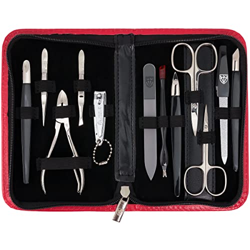 3 Swords Germany – brand quality 12 piece manicure pedicure grooming kit set for professional finger & toe nail care with red synthetic leather case - Made in Germany Red - Synthetic Leather