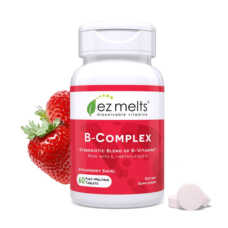 EZ Melts Dissolvable B-Complex - Vitamin B Complex - Provides Energy Metabolism & Heart Health Support - with Methylated B12 & Folate - Non-GMO & Vegan - Strawberry Swirl - 60 Tablets (60 Servings) 60 Count (Pack of 1)
