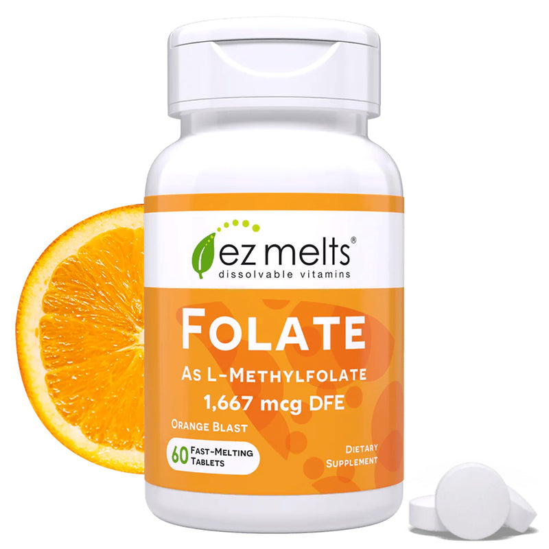 EZ Melts Dissolvable Folate 1,667 mcg DFE - Methylated Folate Supplement - Heart Health & Healthy Fetal Development - Non-GMO, Vegan & Dairy-Free - Orange Blast -60 Dissolvable Tablets (60 Servings) 60 Count (Pack of 1)