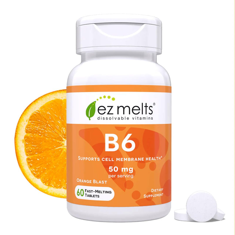 EZ Melts Vitamin B6 - Brain & Heart Health Supplement - Energy Metabolism Support - No Artificial Flavors - Non-GMO & Vegan - Orange Blast - 60 Dissolvable Tablets (30 Servings) 60 Count (Pack of 1)