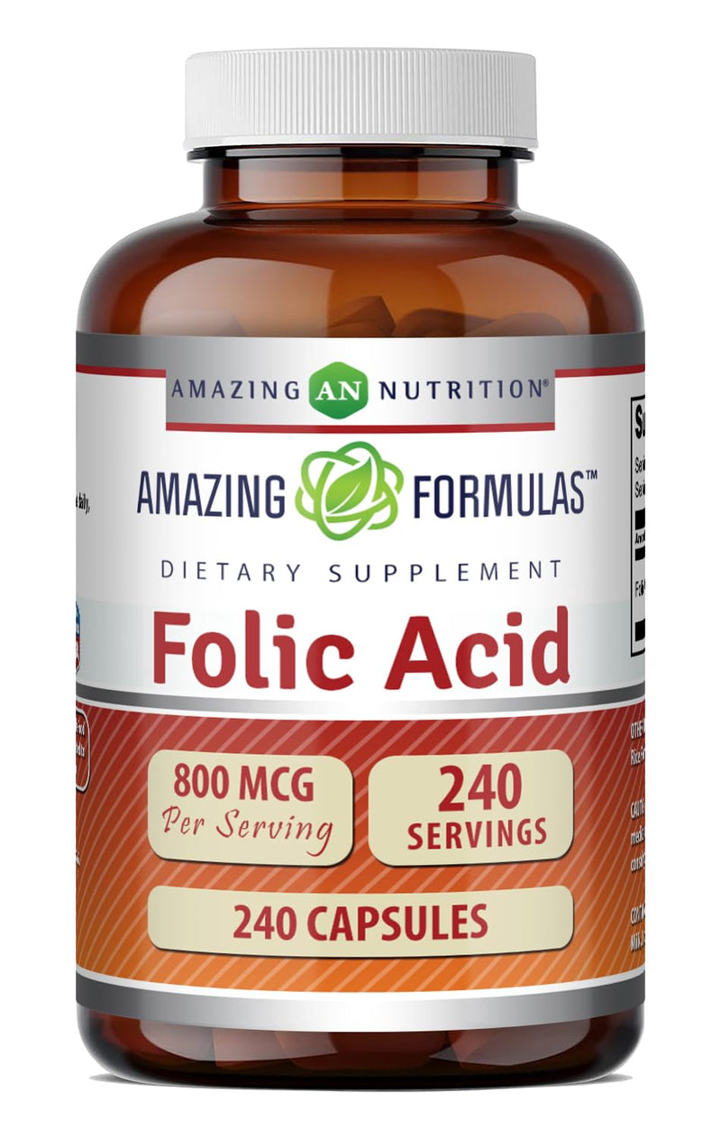Amazing Formulas Folic Acid (Vitamin B9) 800 Mcg Supplement | Capsules | Non-GMO | Gluten-Free | Made in USA (1 Pack | 240 Count) Unflavored