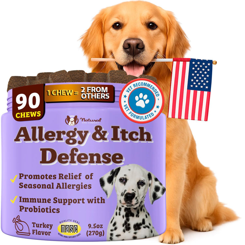 Natural Dog Company Allergy & Itch Defense Chews – Supports Seasonal Allergy, Itch, Skin, Coat & Immune Health, Gut Health with Probiotics, Colostrum & Salmon Oil, Grain-Free Dog Supplement, 90 ct 90 Count