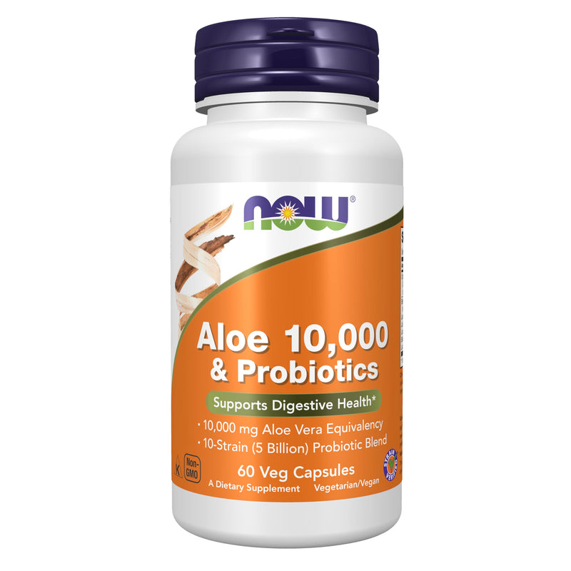 NOW Foods Supplements, Aloe 10,000 & Probiotics with 10-Strain (5 Billion) Probiotic Blend, 60 Veg Capsules 60 Count (Pack of 1)