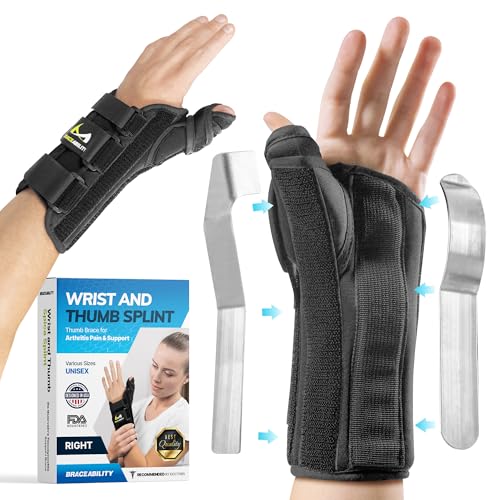 BraceAbility Wrist and Thumb Spica Splint - De Quervain's Tenosynovitis Long Forearm Cast Stabilizer for Tendonitis, Sprains, Thumb Brace for Arthritis Pain and Support - (S Right Hand) Small