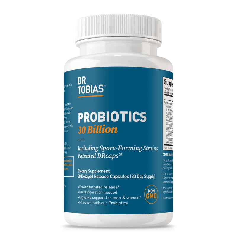 Dr. Tobias Probiotics 30 Billion CFU 30 Capsules | Gut Health Support | Daily Digestive Support | 10 Probiotic Strains | Targeted Release Probiotics for Women & Men | Shelf Stable | 30 Servings 30 Count (Pack of 1)