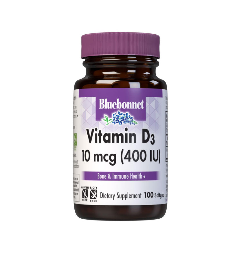 Bluebonnet Nutrition Vitamin D3 400 IU Softgels, Aids in Muscle and Skeletal Growth, Cholecalciferol from Fish Oil, Non GMO, Gluten Free, Soy Free, Dairy Free, 100 Softgels | Third-party tested for purity and potency; manufactured in the USA