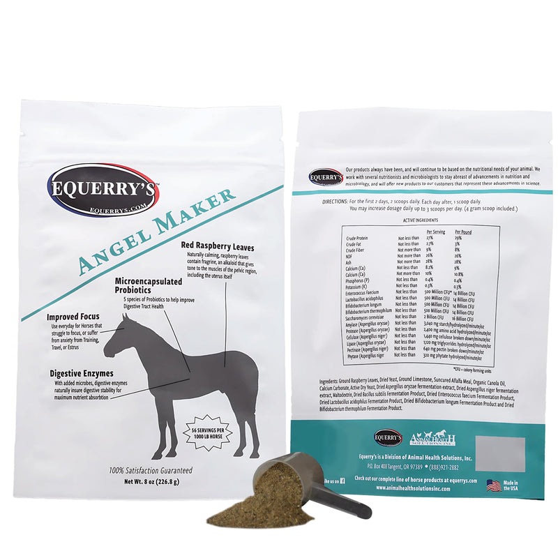 EQUERRY'S Angel Maker, Raspberry Leaf, Microencapsulated Probiotics Supplement for Horse Ulcer Treatment & Digestive Health Calmness & Focus 8 oz