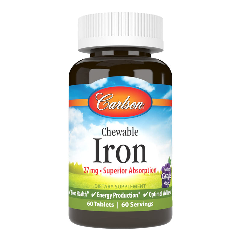 Carlson Chewable Iron, 27 mg, Superior Absorption, 60 Chewable Tablets | Grape; Energy Production; Optimal Wellness Natural Grape 60 Count (Pack of 1)