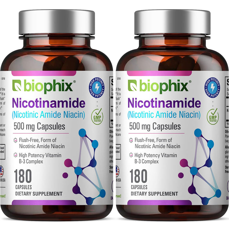 biophix B-3 Nicotinamide 500 mg 180 Caps 2 Pack - Nicotinic Amide Niacin Natural Flush-Free Vitamin Formula - Supports Skin Cell Health 360 Count (Pack of 1)