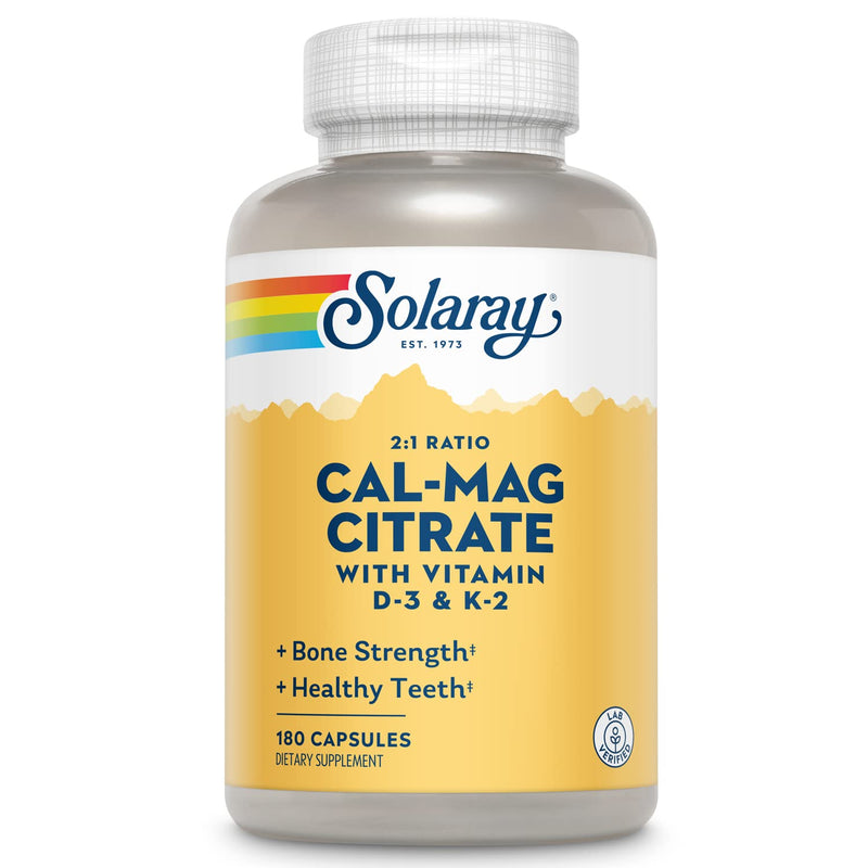 SOLARAY Calcium Magnesium Citrate 2:1 with Vitamin D3 K2, 180 Capsules | Bone, Heart, Muscle & Teeth Support - High Absorption Calcium & Magnesium Citrate with D3 & K2 - 30 Servings - Lab Verified 180 Count (Pack of 1)