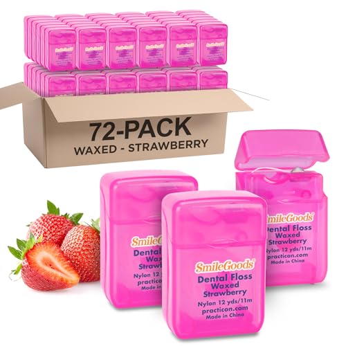 SmileGoods Strawberry Flavored Waxed 12 Yard Dental Floss, Shred Resistant Nylon Floss, Mini Sample Size for Giveaways, Travel, Kids, Adults, Patients, Bulk Pack of 72
