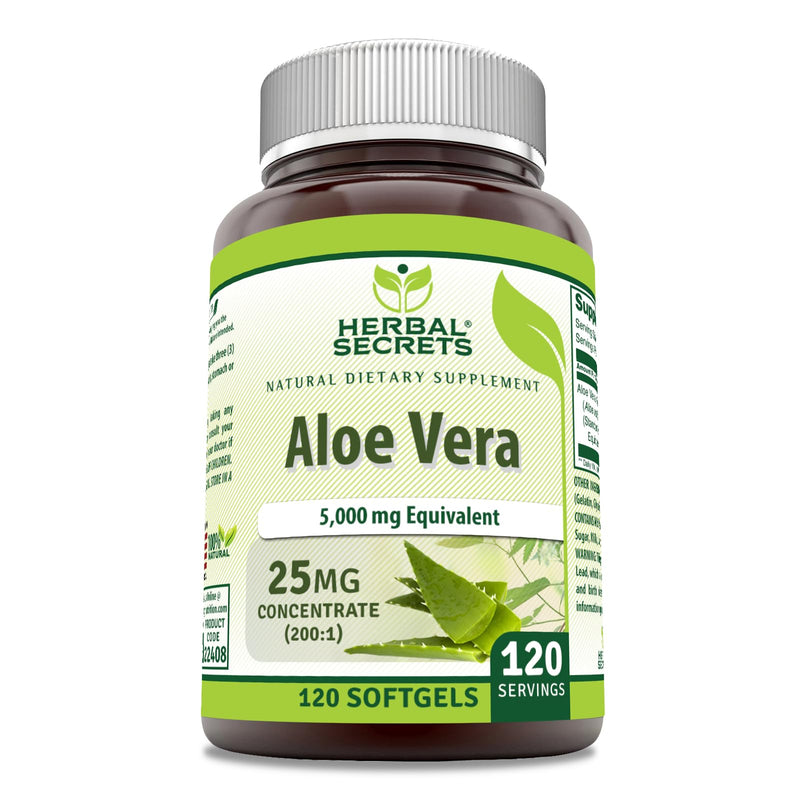 Herbal Secrets Aloe Vera 25 Mg Concentrate 200:1 | 5000 Mg Equivalent | 120 Softgels | Non-GMO | Gluten-Free | Made in USA 120 Count (Pack of 1)