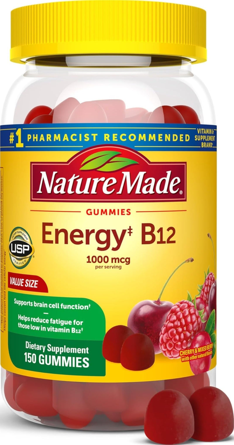 Nature Made Vitamin B12 Gummies 1000 mcg per Serving, 150 Gummy Vitamins | B12 Vitamins, Dietary Supplement for Energy Metabolism Support, B12 Helps Support Brain Cell Function, 75 Day Supply Cherry & Mixed Berry 150 Count (Pack of 1)