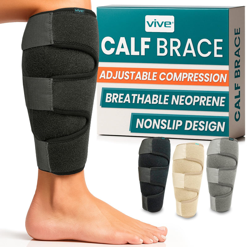Vive Calf Brace - Adjustable Shin Splint Support - Lower Leg Compression Wrap Increases Circulation, Reduces Muscle Swelling - Calf Sleeve for Men and Women - Pain Relief (Black) 1 Count (Pack of 1) Black