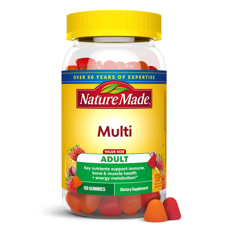 Nature Made Multivitamin Gummies, 150 Vitamin Gummies | Mens & Womens Gummy Vitamins & Minerals, Adult Multivitamin Gummy for Daily Nutritional Support, 75 Day Supply Orange, Strawberry & Cherry 150 Count (Pack of 1)