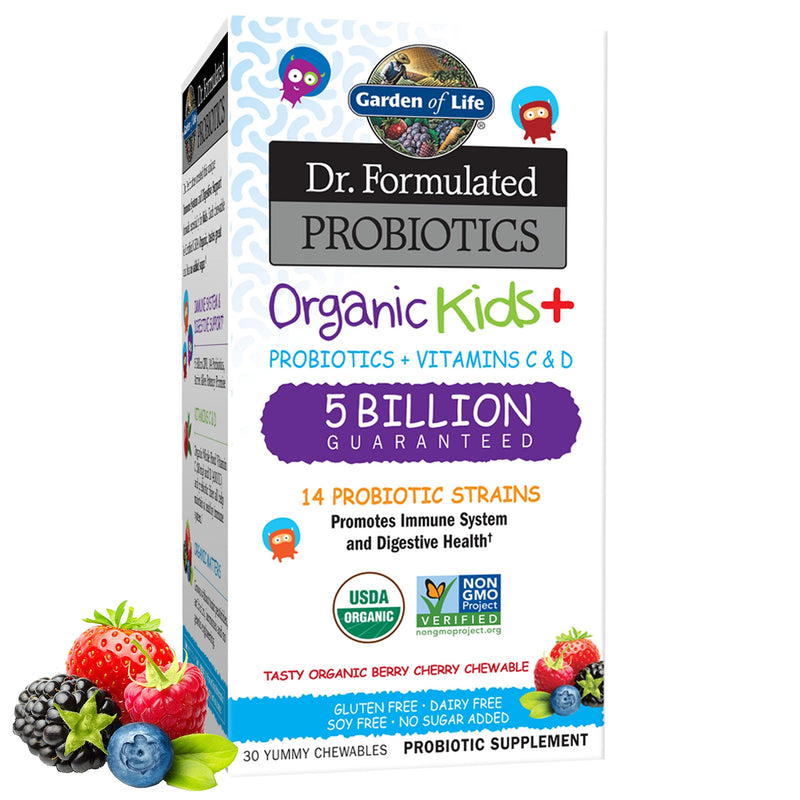 Garden of Life Dr. Formulated Probiotics for Kids, Organic Kids+ - Berry Cherry, 5 Billion CFU Chewable Probiotic plus Vitamin C and D, Dairy Free Immune Digestive Health Supplement, 30 Chewables 30ct Refrigerated (Pack of 1)