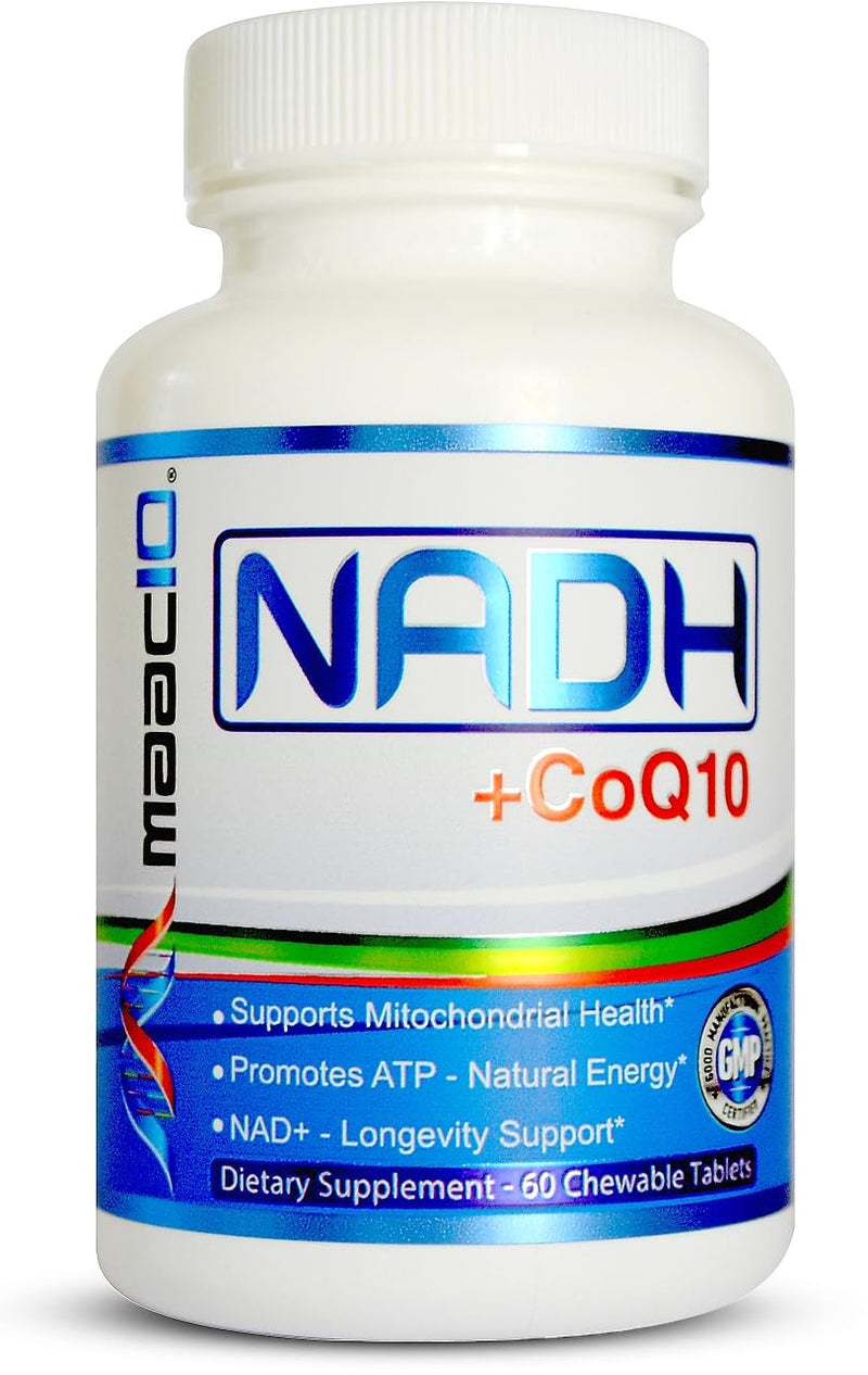 MAAC10 NADH + CoQ10 Supplement, Great Tasting Chewable Tablets, 60 Tablets | For Fatigue, Cellular Energy and Mental Focus, NAD+ Supplement with 50mg PANMOL® NADH + 100mg CoQ10, 30 Day Serving 60 Count (Pack of 1)