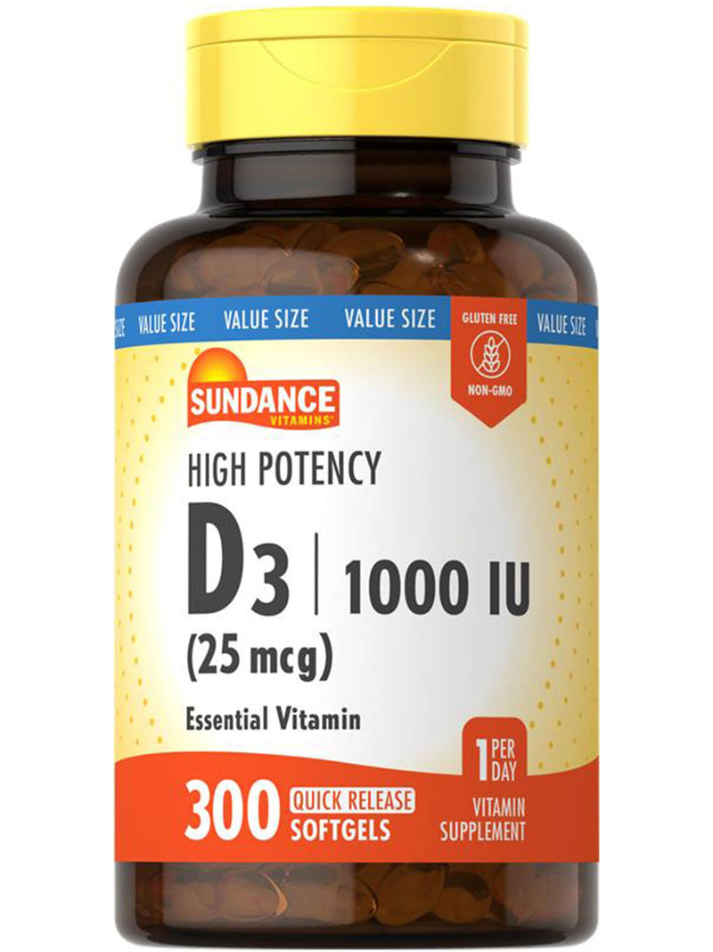 Sundance Vitamin D3 1000 IU | 300 Softgels | High Potency | Essential Vitamin Formula | Non-GMO and Gluten Free Supplement Unflavored 300 Count (Pack of 1)
