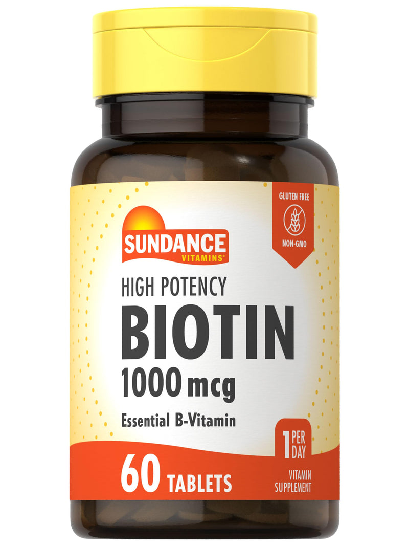Sundance High Potency Biotin 1,000 mcg Supplement | Essential B Vitamin Tablets | Vegetarian, Non-GMO & Gluten Free 60 Count (Pack of 1)