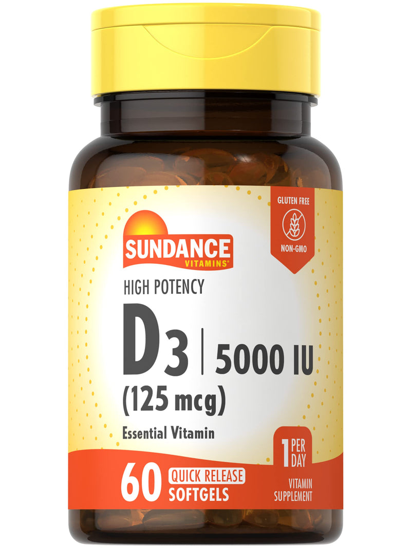 Sundance Vitamin D3 5,000 IU | 60 Quick Release Softgels | High Potency Essential Vitamin Supplement | Non-GMO and Gluten Free Supplement Unflavored 60 Count (Pack of 1)