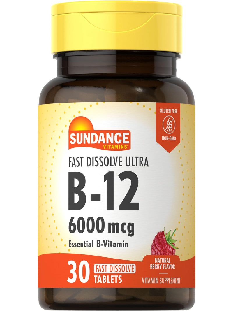Sundance Fast Dissolve Vitamin B-12 | 6000mcg | 30 Tablets | Natural Berry Flavor | Vegetarian, Non-GMO, and Gluten Free Supplement | Natural Berry Flavor | Vegetarian, Non-GMO, and Gluten Free Supplement