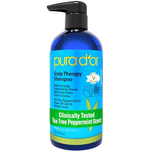 PURA D'OR Scalp Therapy Shampoo for Dryness and Buildup Care, 16oz Tea Tree Peppermint 16 Count (Pack of 1)