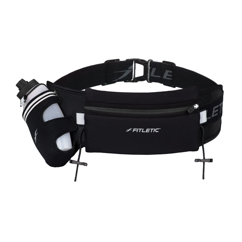 Fitletic Hydration Running Belt With 12oz Quick Flow Water Bottle For Men & Women –Race Belt, Gel Holder & Bib Toggles Patented Bounce Free Design, Water Resistant Fits All Phones –Fully Loaded Black S/M (24"-34")