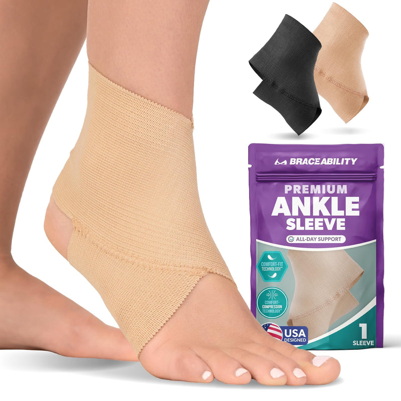 BraceAbility Elastic Ankle Support Brace - Lightweight Slip on Foot and Ankle Compression Sleeve for Gymnastics, Dance, Sports, Running, Exercise, and Sprained Ankle Swelling for Women and Men (Beige, Medium) Beige - BeesActive Australia