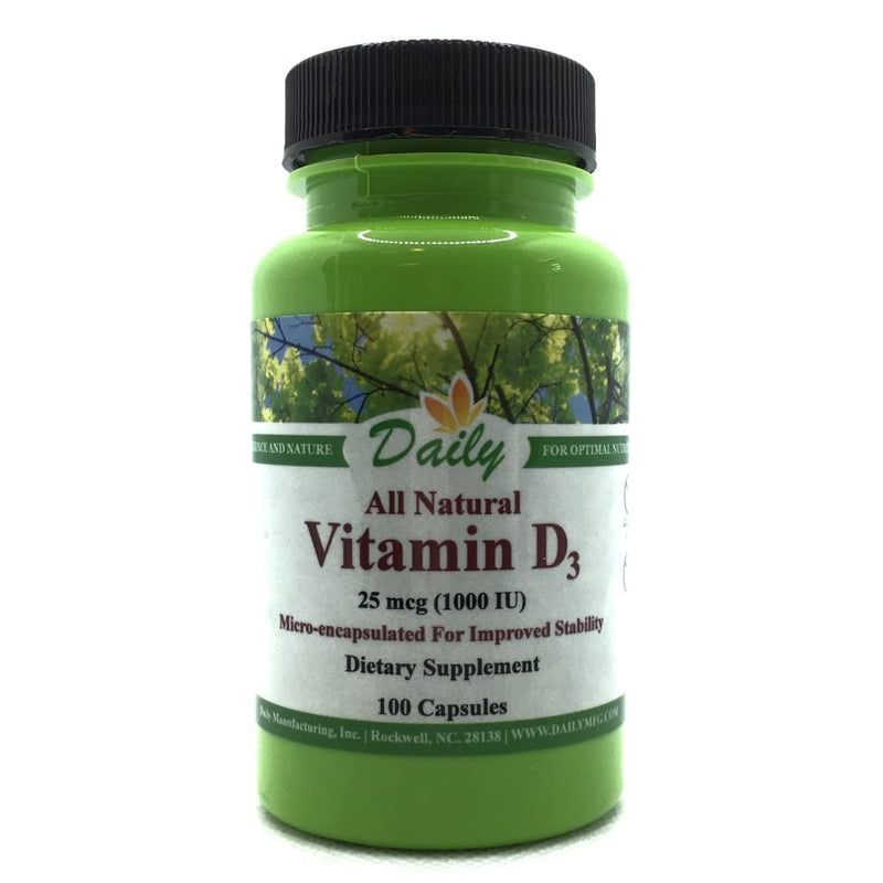 Daily Manufacturing Vitamin D3 1000 IU (25 mcg) – Non‑GMO, Gluten‑Free, Kosher, Vegetarian Capsules – Supports Bone, Immune & General Wellness - 100 Count