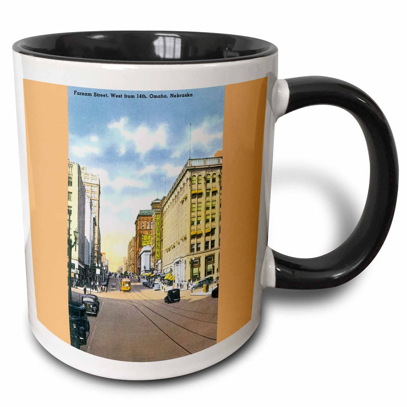 3dRose Farnam Street West from 14Th Omaha Nebraska Two Tone Mug, 11 oz, Black