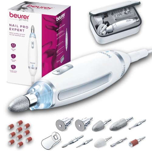 Beurer MP62 Professional Nail Drill Kit, Portable Electric File Machine with 10 Attachments & 10 Sanding Bands, Efile Dremel for Acrylic Gel Manicure and Pedicure, LED Light, with Storage Case White - 10 Attachments