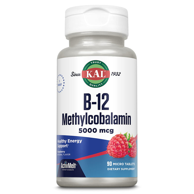 KAL Vitamin B12 Methylcobalamin 5000mcg, Healthy Energy, Metabolism, Nerve & Red Blood Cell Support,* Fast Dissolve ActivMelts, Optimal Absorption, Natural Raspberry Flavor, 90 Servings, 90 Micro Tabs | Cellular Energy, Metabolism, Nerve & Red Blood Ce...