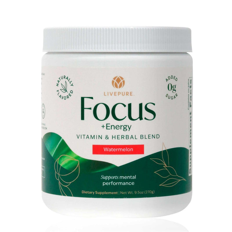 PURE Focus + Energy Tub Drink Mix | Zero Sugar | 9.5 oz | Watermelon Flavor | Natural caffeine from botanicals with antioxidants and B-complex vitamins | Energizing watermelon-flavored tub drink mix