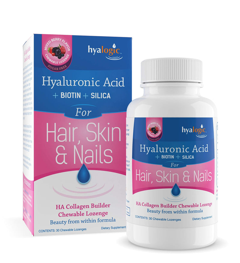 Hyalogic Hair Skin & Nails Hyaluronic Acid Collagen Builder – Delicious Berry Flavored Collagen Boost Chewable Lozenges – Sugar Free Vegan Collagen Ideal to Enhance Your Natural Beauty – 30 Count