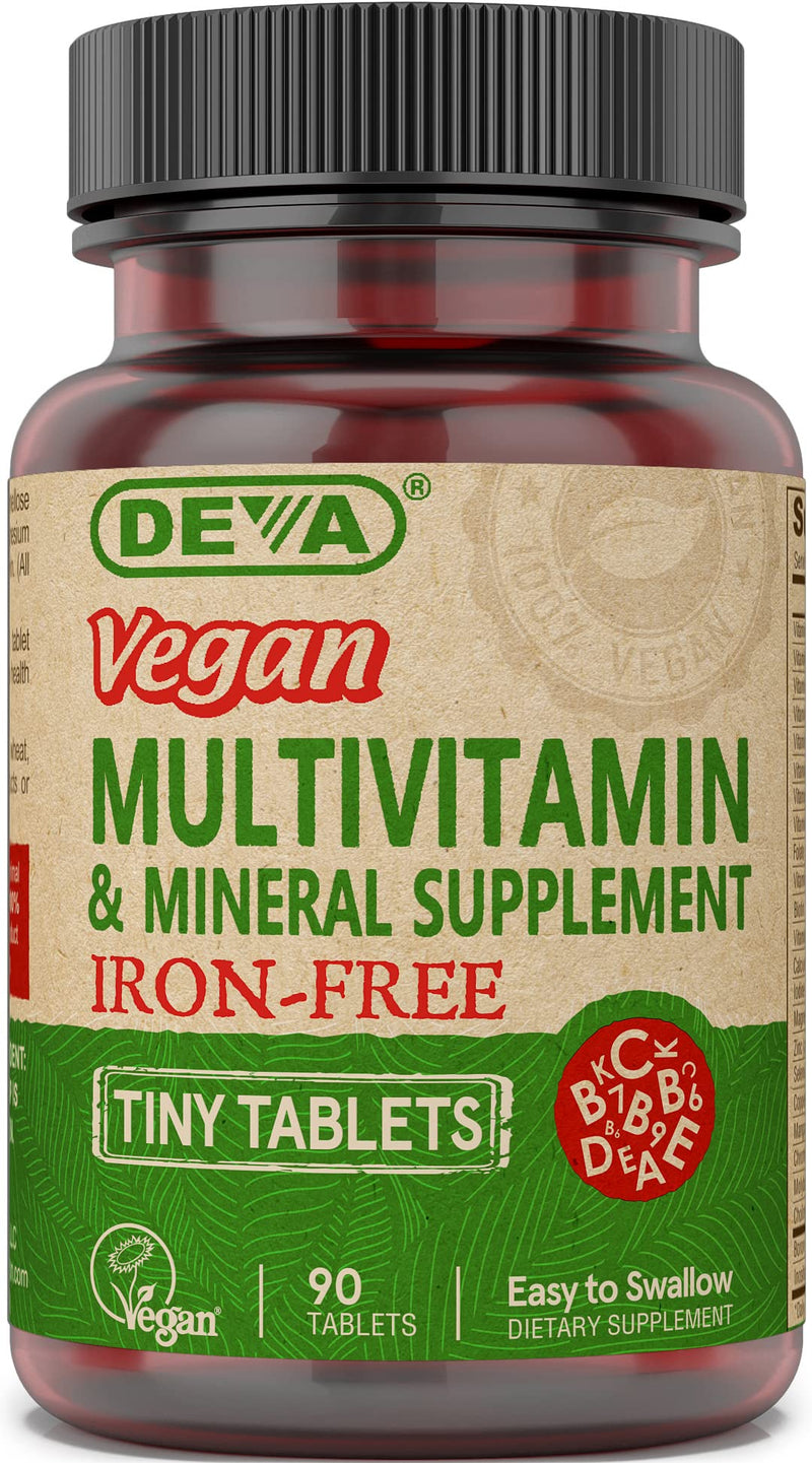 DEVA Vegan Iron-Free Multivitamin & Mineral Supplement, Vitamin C, D2, E & B-Complex, Biotin, 90 Tiny Tablets 90 Count (Pack of 1)
