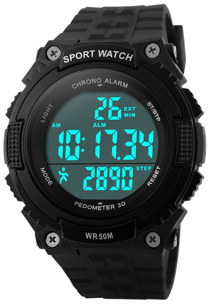 FANMIS Men Pedometer Watches Military Multifunctional 50M Waterproof Digital Outdoor Sports Watch Black
