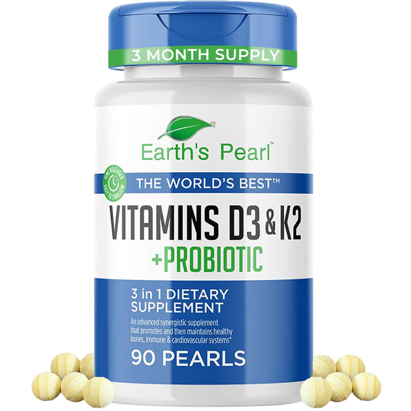 Vitamin D3 K2 5000 IU with Probiotics for Women & Men 3-Month Supply | Earth's Pearl - 3-in-1 Formula - BIO-Tract® Time-Release Pearl Probiotics - Daily Gut Health Support - 90 Capsules