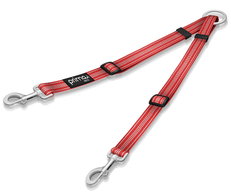 No Tangle Reflective Dog Leash Coupler - Double Dog Walker and Trainer Leash - Two Dogs Adjustable Splitter Lead - Each Side Adjusts 11" to 20" in Length (Small - 5/8" Width, RED) - BeesActive Australia