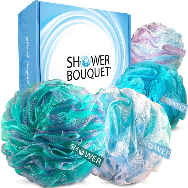 Loofah Bath-Sponge Swirl-Set-XL-75g by Shower Bouquet: Extra-Large Mesh Pouf (4 Pack Color Swirls) Luffa Loofa Loufa Puff Scrubber - Big Full Lather Cleanse, Exfoliate with Beauty Bathing Accessories - BeesActive Australia