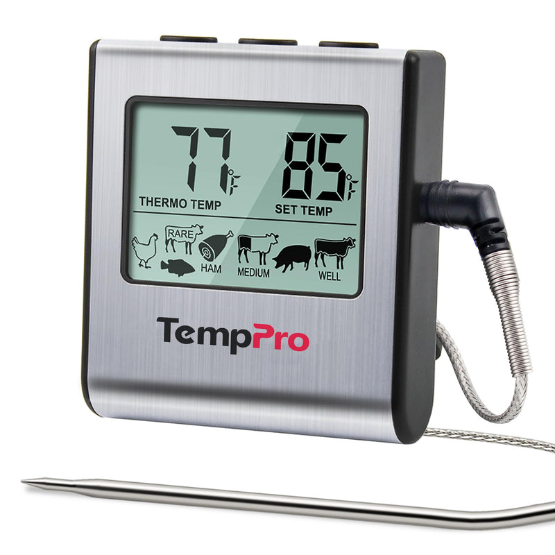 TempPro TP16 Large LCD Digital Cooking Food Meat Thermometer for Smoker Oven Kitchen BBQ Grill Thermometer Clock Timer with Stainless Steel Temperature Probe(Previously ThermoPro) Light Silver - BeesActive Australia