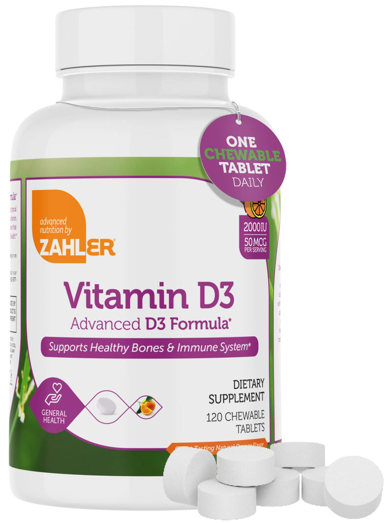 Zahler Vitamin D3 CHEWABLE 2000IU, an All-Natural Supplement Targeting Vitamin D Deficiencies, Certified Kosher, 120 Great Tasting Orange Flavored Tablets 120 Count (Pack of 1)